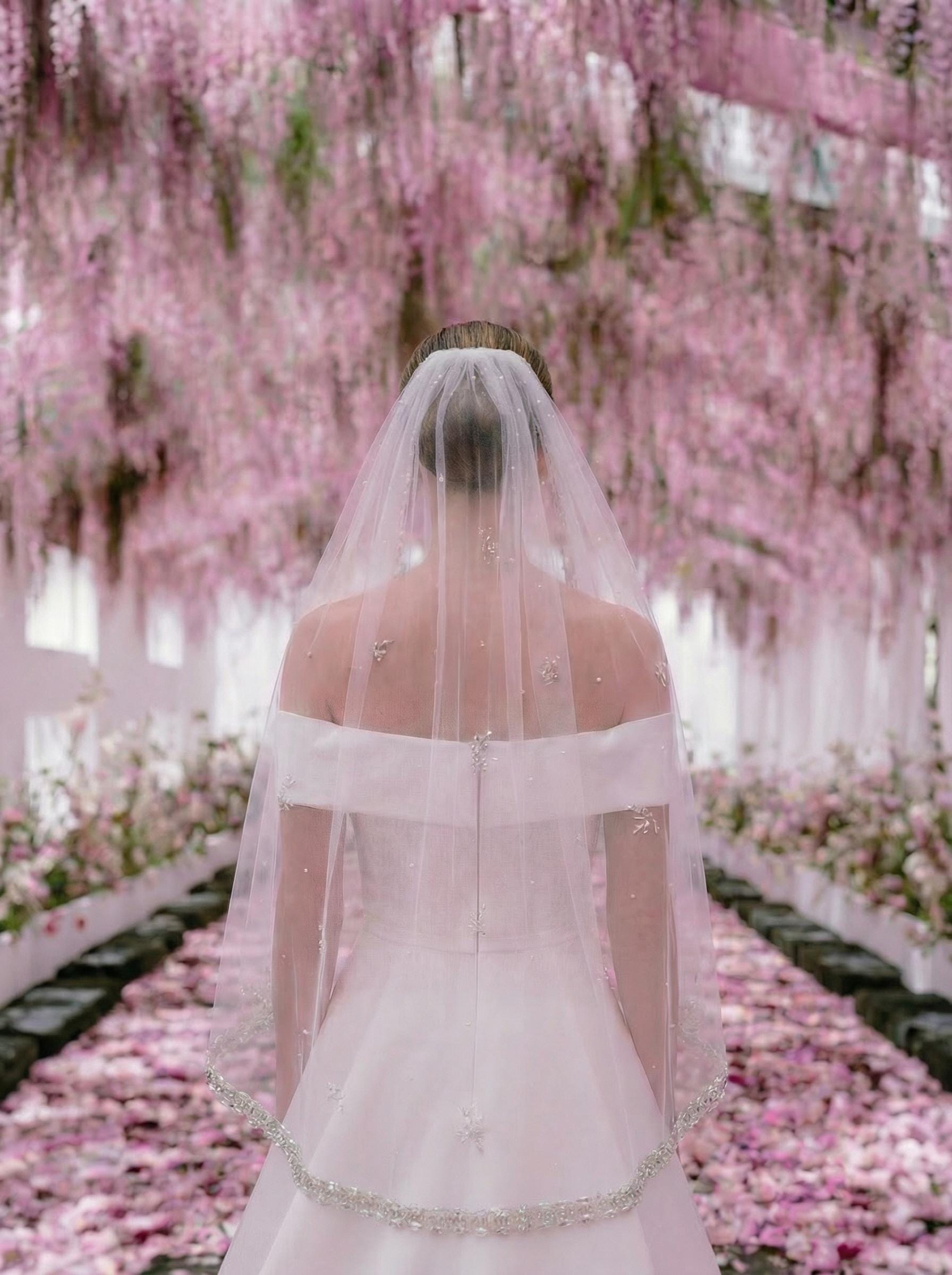 Pearl Trim Veil with Iridescent Beading