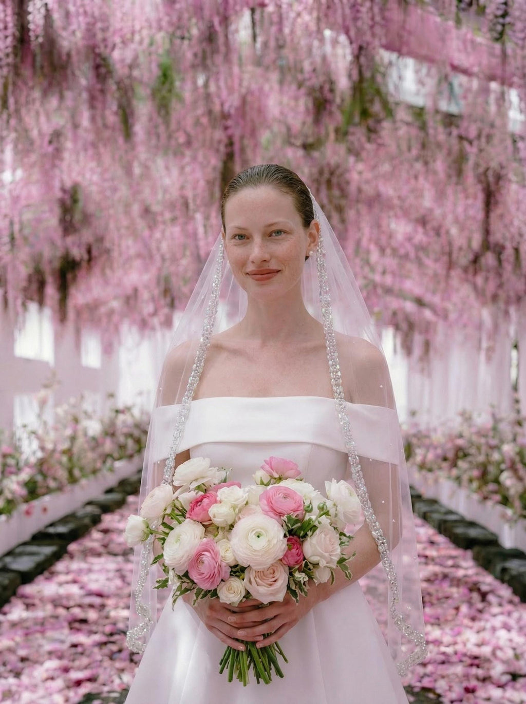 Pearl Trim Veil with Iridescent Beading