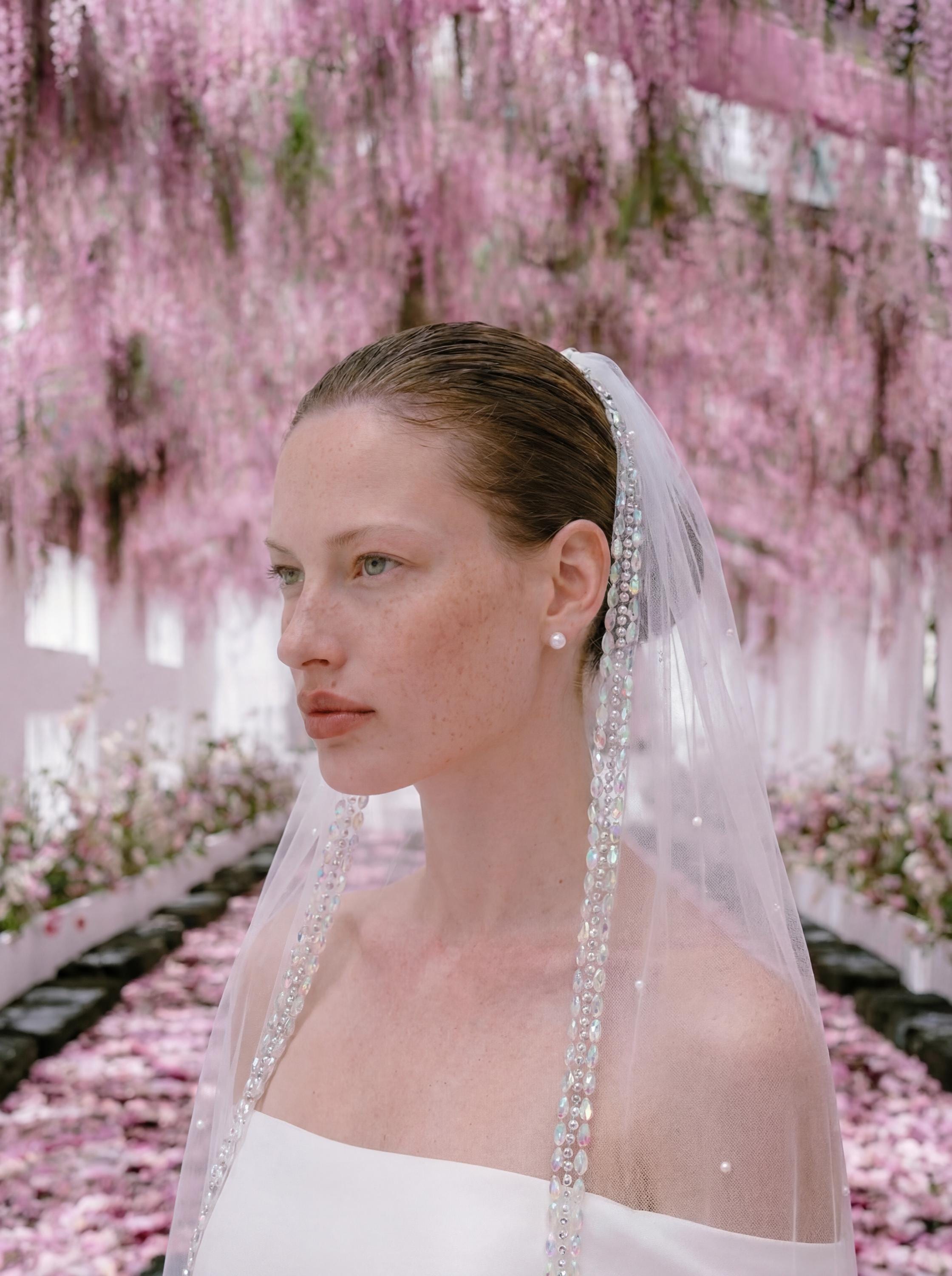 Pearl Trim Veil with Iridescent Beading