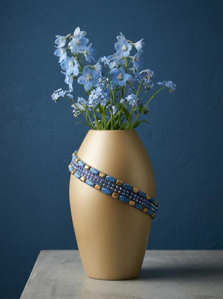 Iridescent Beads Bordered with matt Gold and Blue Beads with AB blue beads in center on DIY Self Adhesive Trim - Faraj Beading