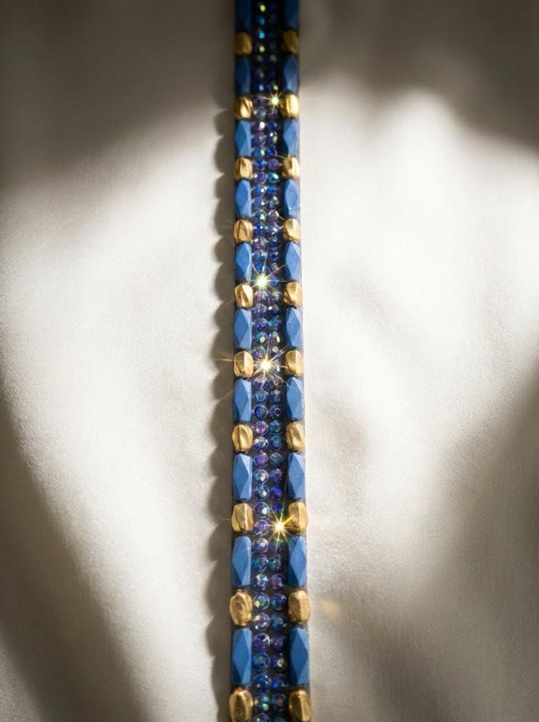 Iridescent Beads Bordered with matt Gold and Blue Beads with AB blue beads in center on DIY Self Adhesive Trim - Faraj Beading