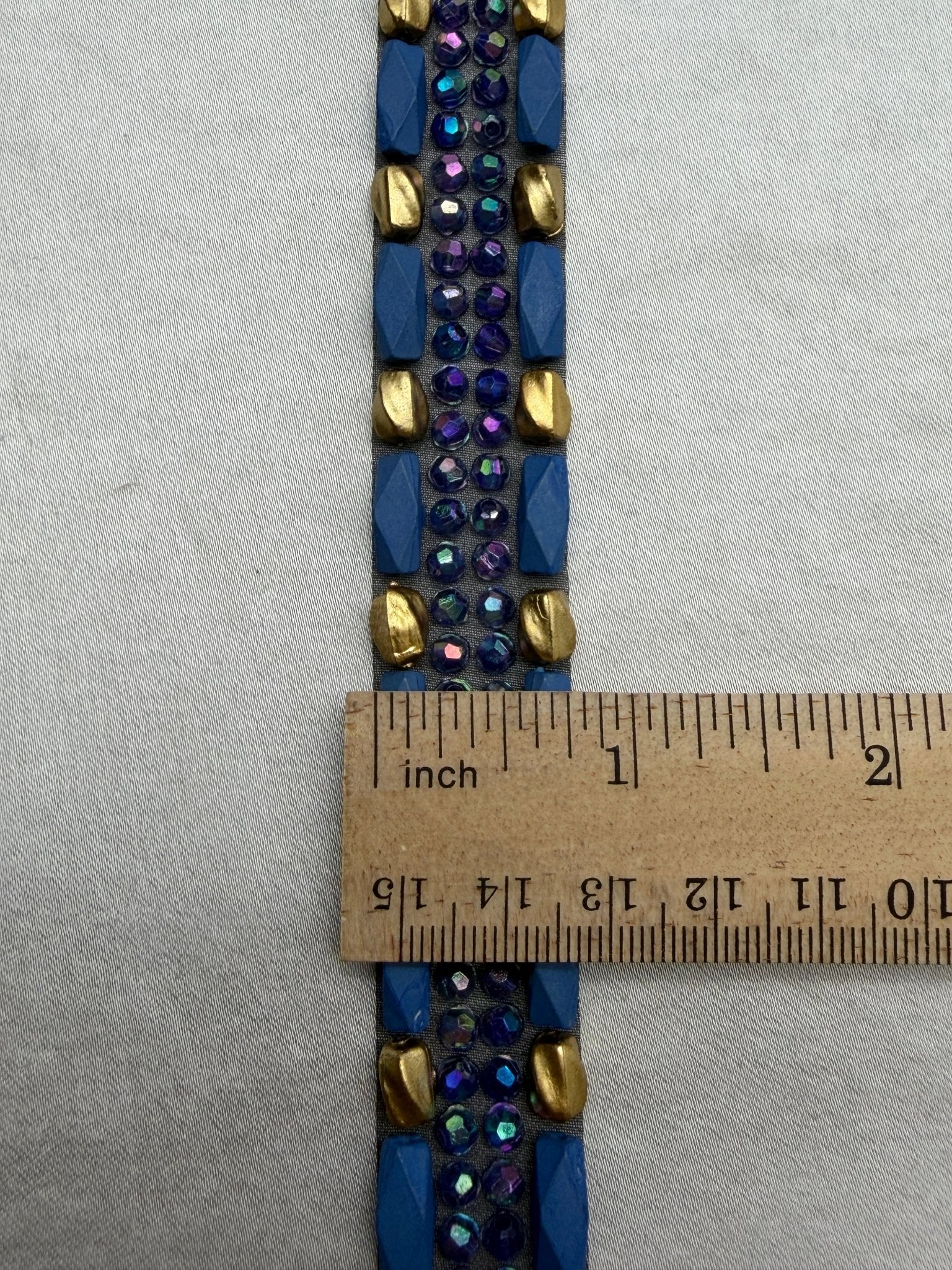 Iridescent Beads Bordered with matt Gold and Blue Beads with AB blue beads in center on DIY Self Adhesive Trim - Faraj Beading