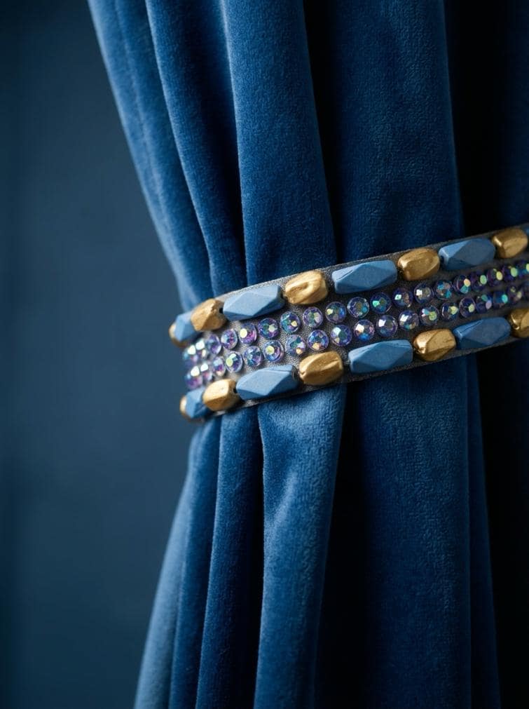 Iridescent Beads Bordered with matt Gold and Blue Beads with AB blue beads in center on DIY Self Adhesive Trim - Faraj Beading