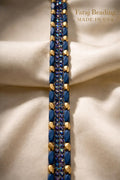 Iridescent Beads Bordered with matt Gold and Blue Beads with AB blue beads in center on DIY Self Adhesive Trim - Faraj Beading