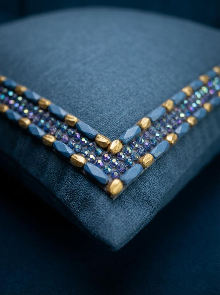 Iridescent Beads Bordered with matt Gold and Blue Beads with AB blue beads in center on DIY Self Adhesive Trim - Faraj Beading