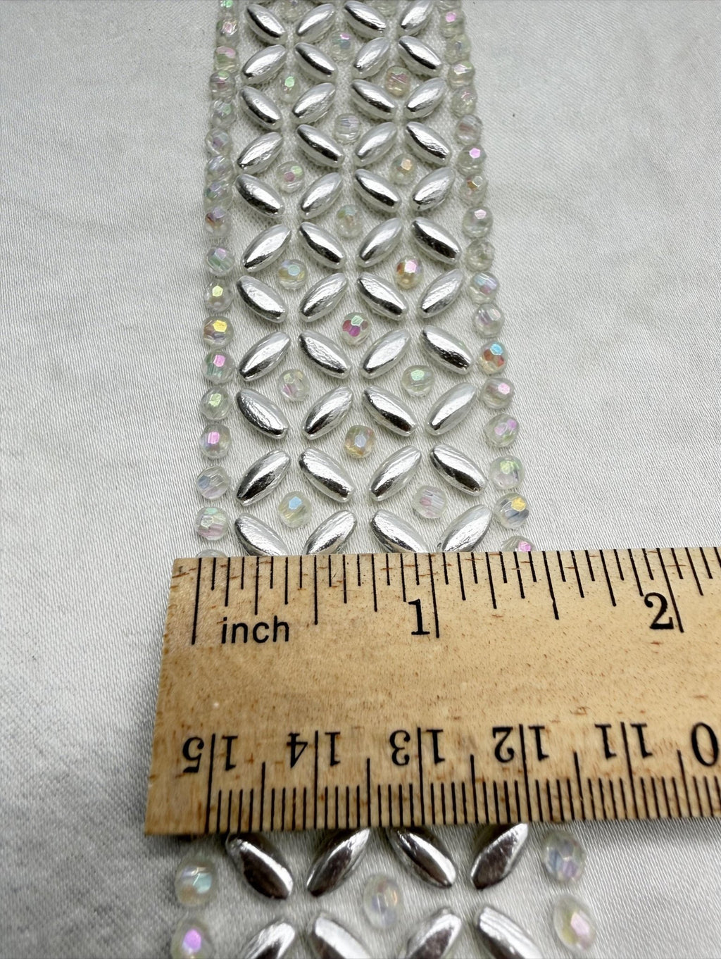 Iridescent Crystal & Ivory Pearl Beaded Trim – Self Adhesive or Sew - On Seam Allowance – AB Rhinestone Trim for Dress, Veil, Sash, DIY - Faraj Beading
