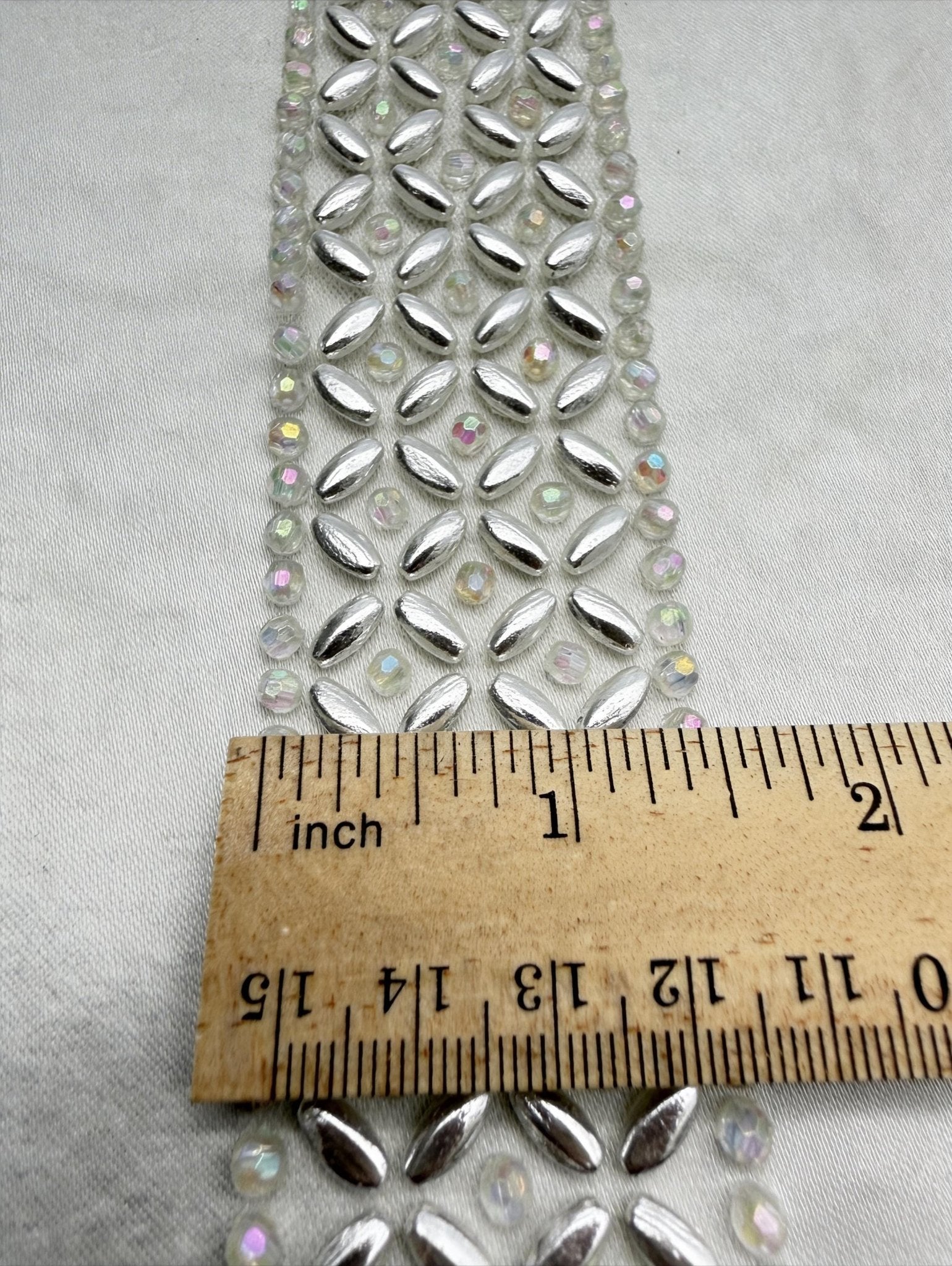 Iridescent Crystal & Ivory Pearl Beaded Trim – Self Adhesive or Sew - On Seam Allowance – AB Rhinestone Trim for Dress, Veil, Sash, DIY - Faraj Beading