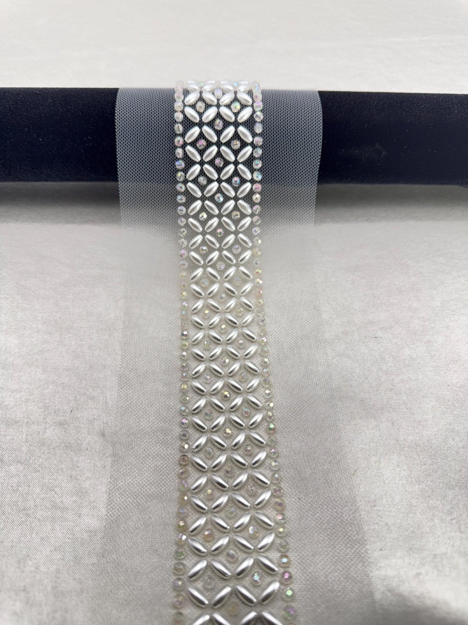 Iridescent Crystal & Ivory Pearl Beaded Trim – Self Adhesive or Sew - On Seam Allowance – AB Rhinestone Trim for Dress, Veil, Sash, DIY - Faraj Beading