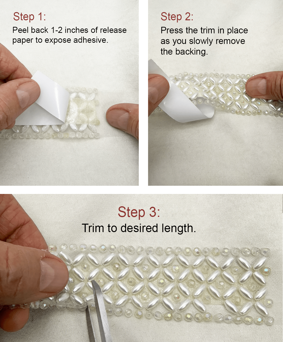 Iridescent Crystal & Ivory Pearl Beaded Trim – Self Adhesive or Sew - On Seam Allowance – AB Rhinestone Trim for Dress, Veil, Sash, DIY - Faraj Beading