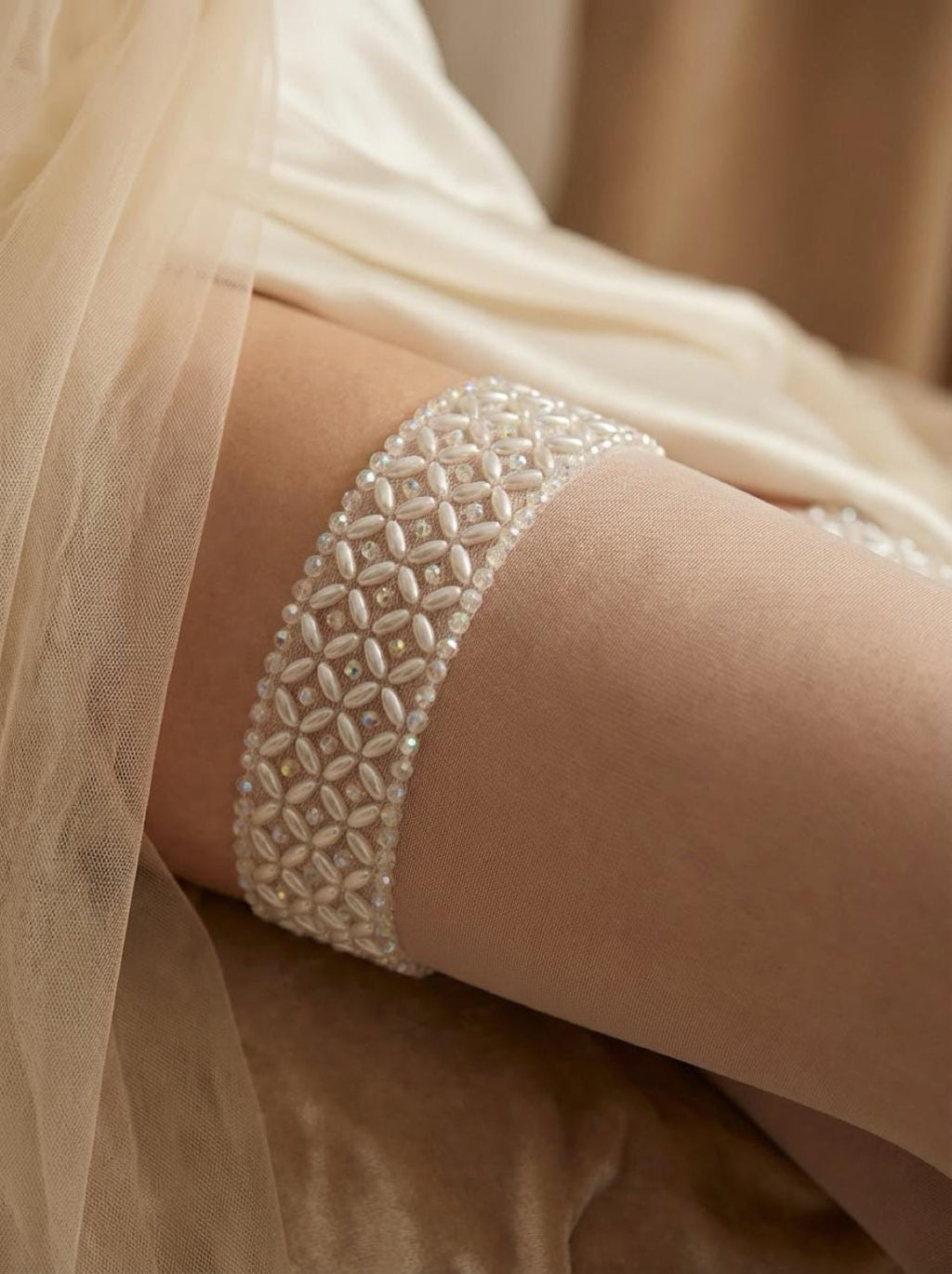 Iridescent Crystal & Ivory Pearl Beaded Trim – Self Adhesive or Sew - On Seam Allowance – AB Rhinestone Trim for Dress, Veil, Sash, DIY - Faraj Beading