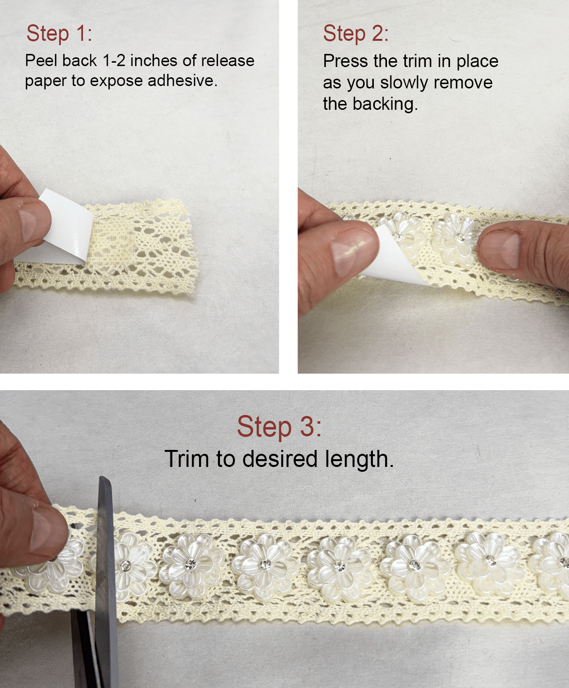 Ivory cotton Lace Trim with Pearlized Flowers & Rhinestone Centers Sash, DIY projects, country projects, adhesive backing. - Faraj Beading