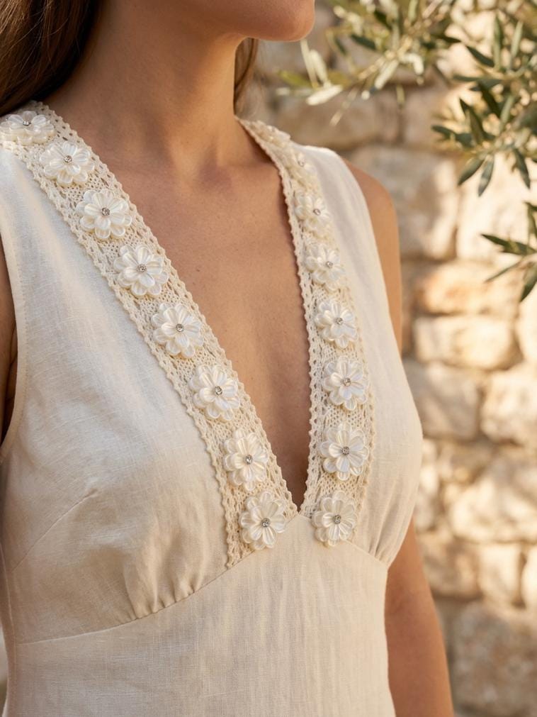Ivory cotton Lace Trim with Pearlized Flowers & Rhinestone Centers Sash, DIY projects, country projects, adhesive backing. - Faraj Beading