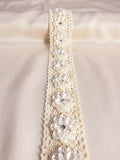 Ivory cotton Lace Trim with Pearlized Flowers & Rhinestone Centers Sash, DIY projects, country projects, adhesive backing. - Faraj Beading