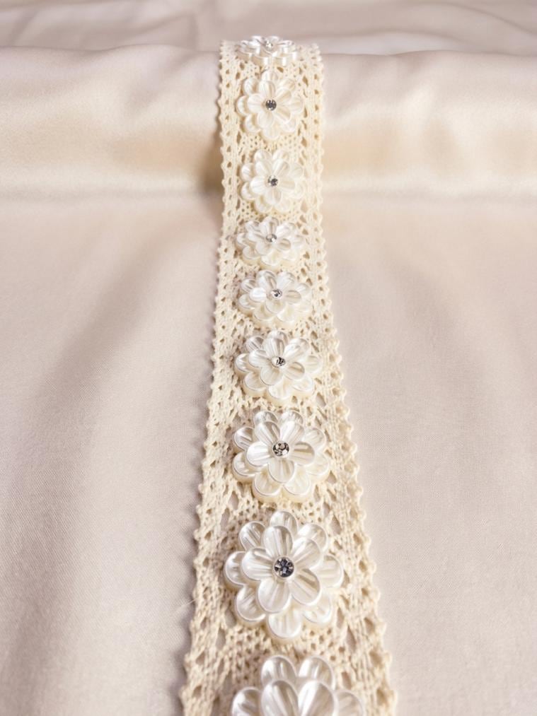 Ivory cotton Lace Trim with Pearlized Flowers & Rhinestone Centers Sash, DIY projects, country projects, adhesive backing. - Faraj Beading