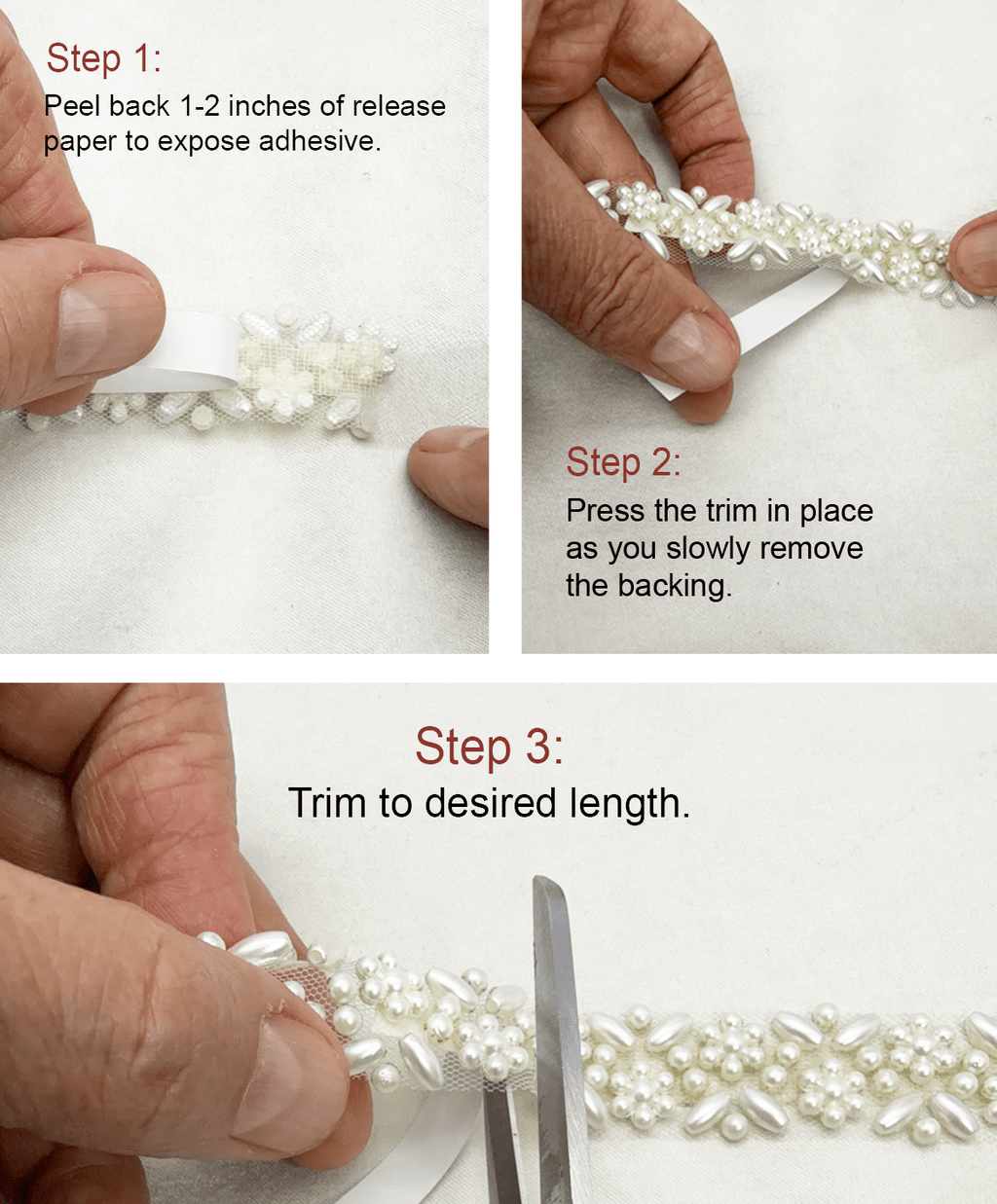 Ivory delicate Pearl Floral Beaded Trim – Self Adhesive or Sew - On Seam Allowance – Bridal Pearl Trim for Dress, Veil, Collar, Cuff - Faraj Beading