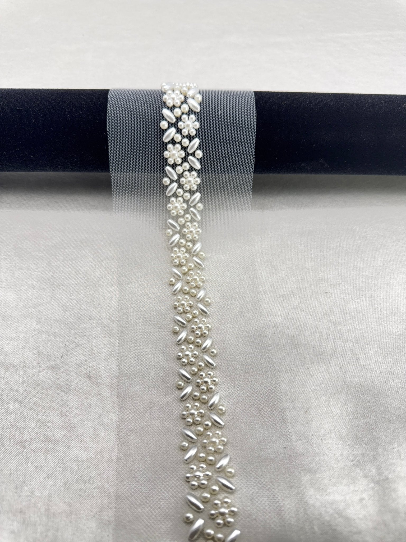 Ivory delicate Pearl Floral Beaded Trim – Self Adhesive or Sew - On Seam Allowance – Bridal Pearl Trim for Dress, Veil, Collar, Cuff - Faraj Beading