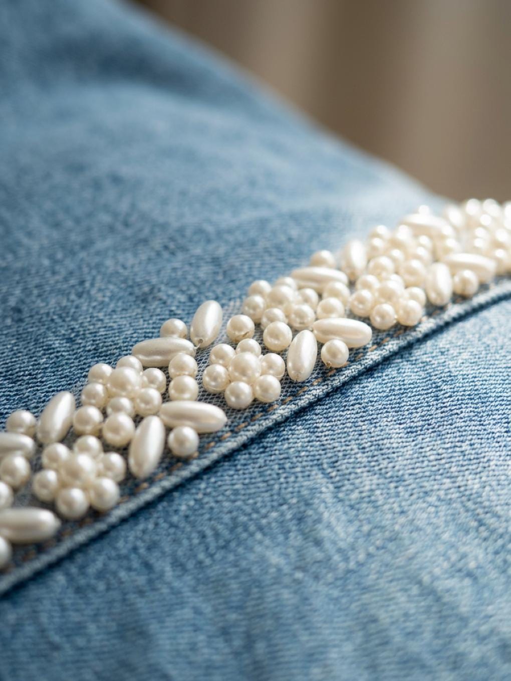 Ivory delicate Pearl Floral Beaded Trim – Self Adhesive or Sew - On Seam Allowance – Bridal Pearl Trim for Dress, Veil, Collar, Cuff - Faraj Beading