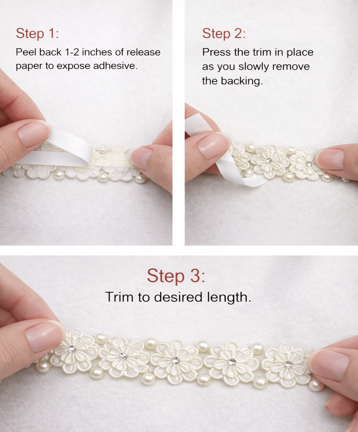 Ivory Floral Pearl Beaded Trim with Crystal Centers – Self Adhesive or Sew - On Seam Allowance – Bridal Flower Trim for Dress, Veil, Sash - Faraj Beading