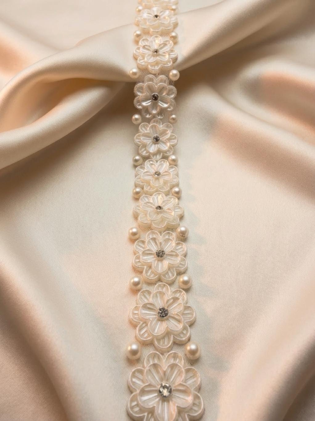 Ivory Floral Pearl Beaded Trim with Crystal Centers – Self Adhesive or Sew - On Seam Allowance – Bridal Flower Trim for Dress, Veil, Sash - Faraj Beading