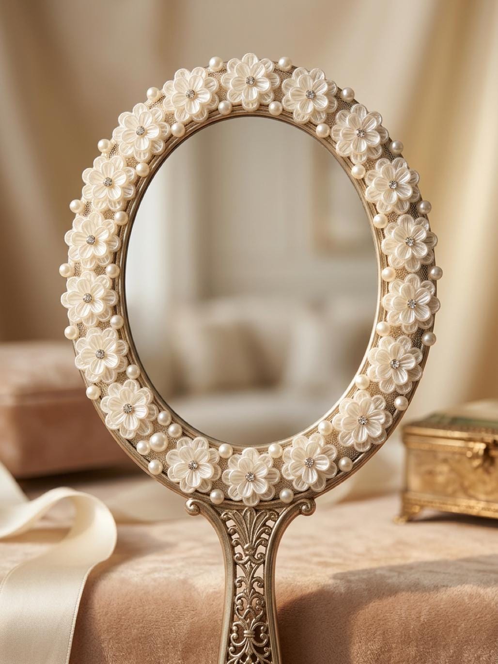 Ivory Floral Pearl Beaded Trim with Crystal Centers – Self Adhesive or Sew - On Seam Allowance – Bridal Flower Trim for Dress, Veil, Sash - Faraj Beading