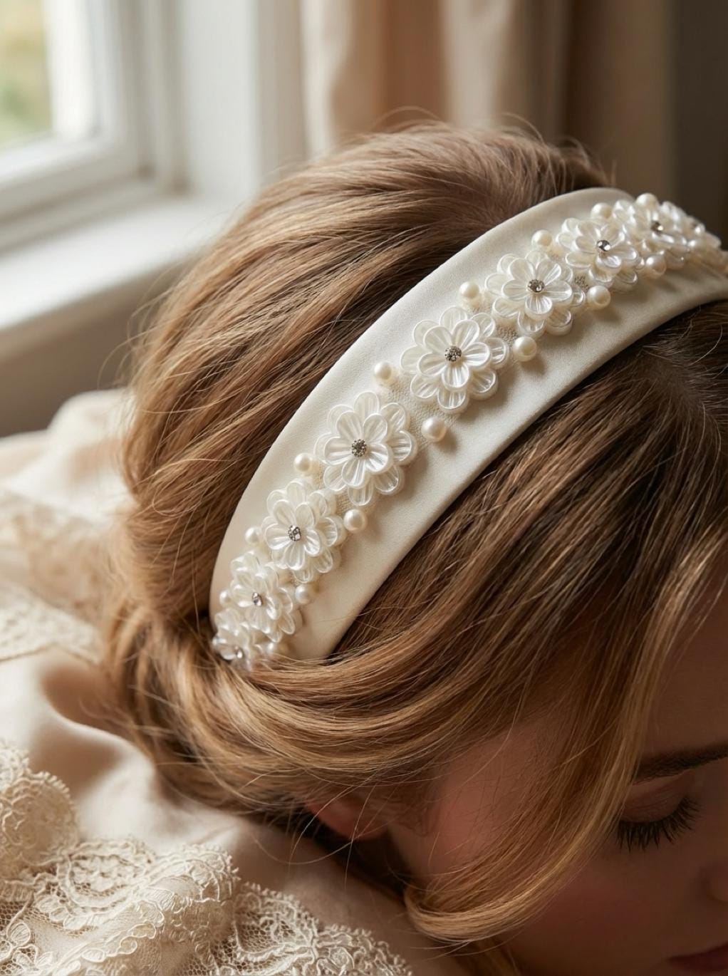 Ivory Floral Pearl Beaded Trim with Crystal Centers – Self Adhesive or Sew - On Seam Allowance – Bridal Flower Trim for Dress, Veil, Sash - Faraj Beading