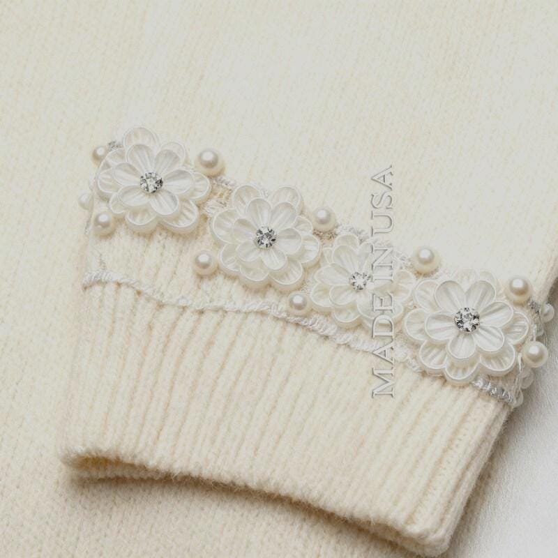 Ivory Floral Pearl Beaded Trim with Crystal Centers – Self Adhesive or Sew - On Seam Allowance – Bridal Flower Trim for Dress, Veil, Sash - Faraj Beading
