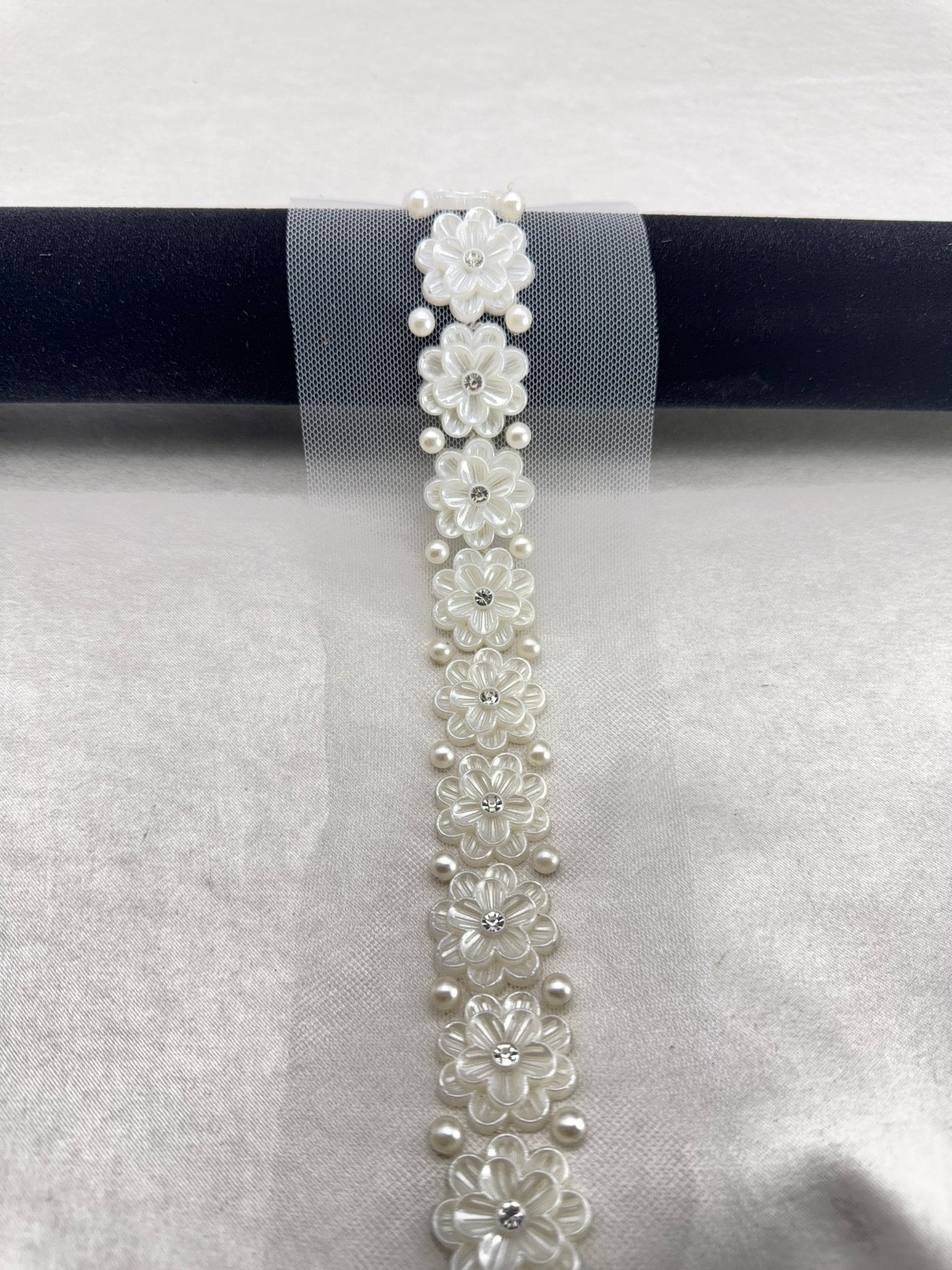 Ivory Floral Pearl Beaded Trim with Crystal Centers – Self Adhesive or Sew - On Seam Allowance – Bridal Flower Trim for Dress, Veil, Sash - Faraj Beading