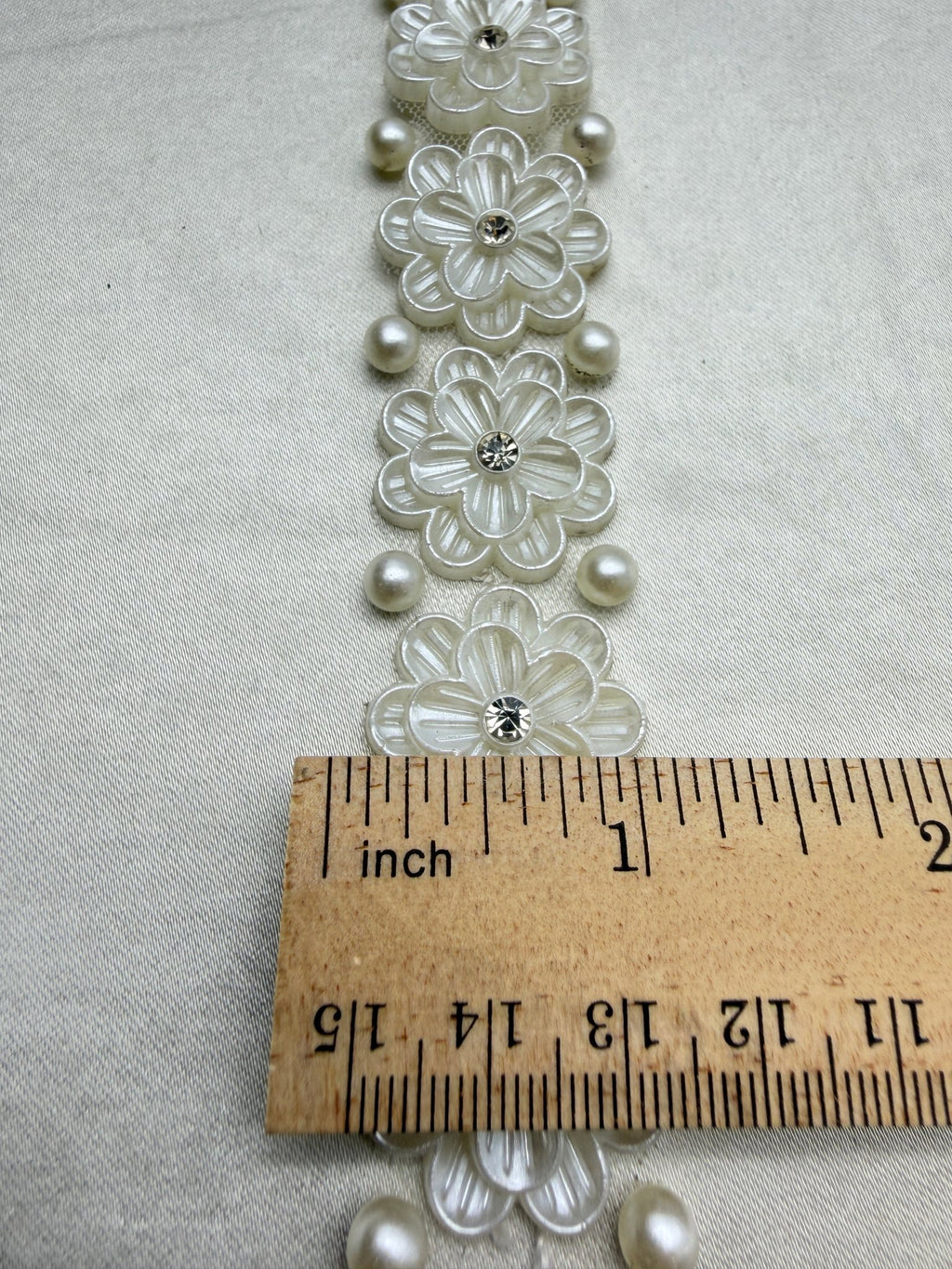 Ivory Floral Pearl Beaded Trim with Crystal Centers – Self Adhesive or Sew - On Seam Allowance – Bridal Flower Trim for Dress, Veil, Sash - Faraj Beading