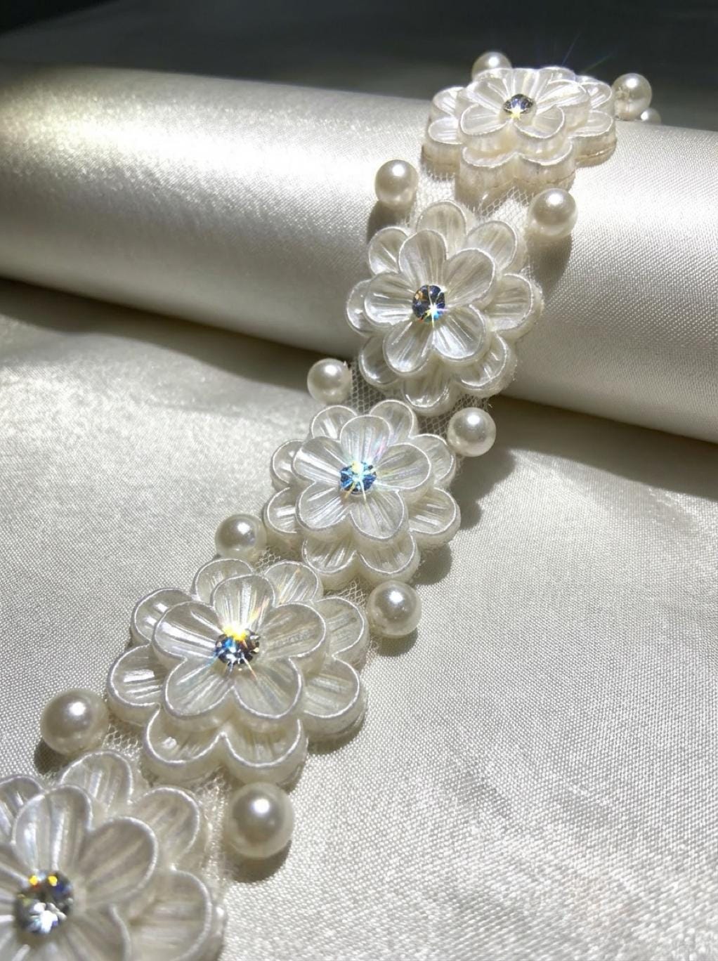 Ivory Floral Pearl Beaded Trim with Crystal Centers – Self Adhesive or Sew - On Seam Allowance – Bridal Flower Trim for Dress, Veil, Sash - Faraj Beading