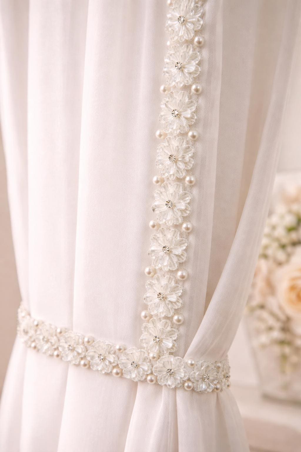 Ivory Floral Pearl Beaded Trim with Crystal Centers – Self Adhesive or Sew - On Seam Allowance – Bridal Flower Trim for Dress, Veil, Sash - Faraj Beading
