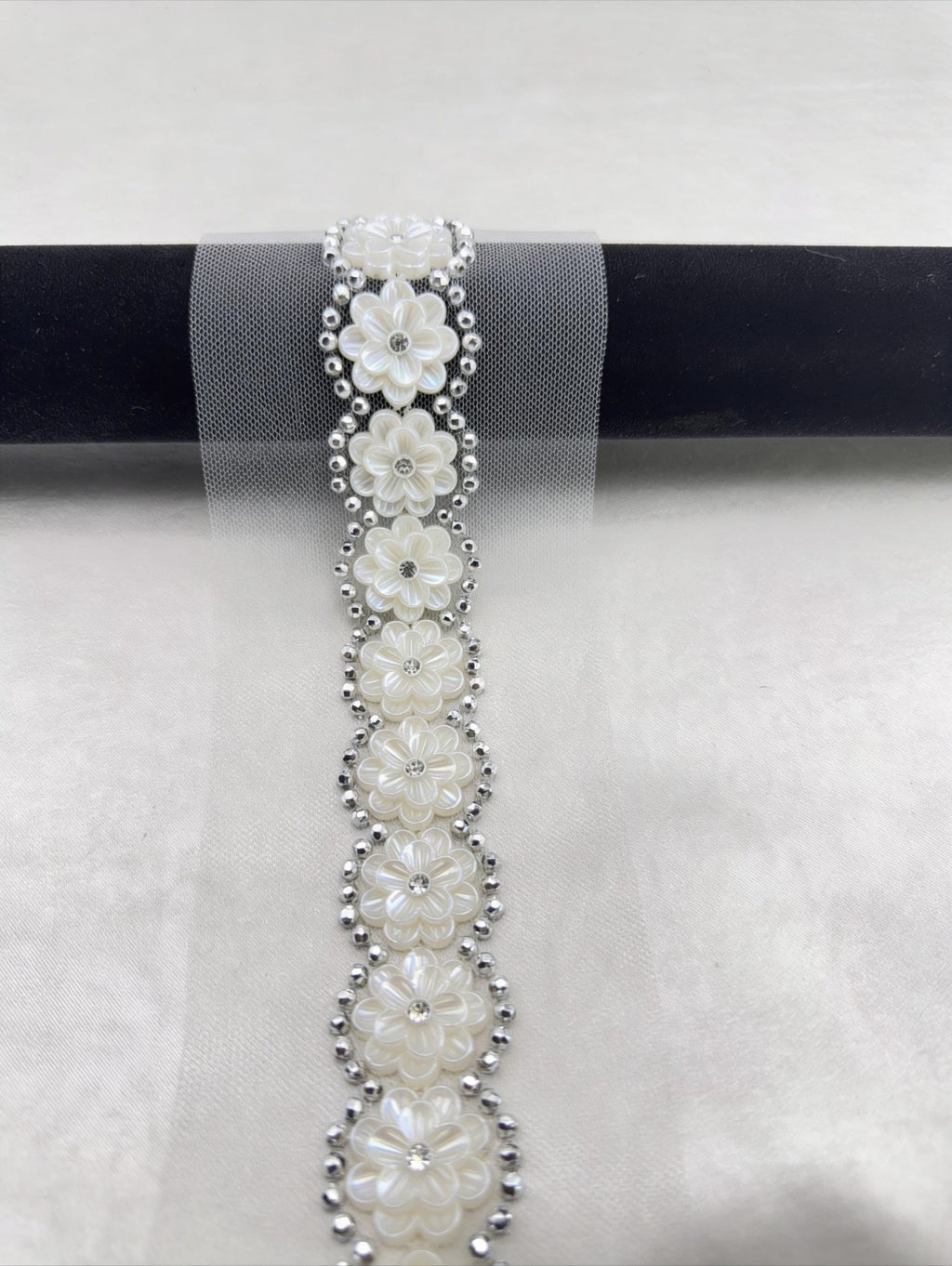 Ivory Floral Pearl Rhinestone Trim – Self Adhesive Wide Beaded Flower Lace, Bridal Trim, Luxury Sewing Trim - Faraj Beading
