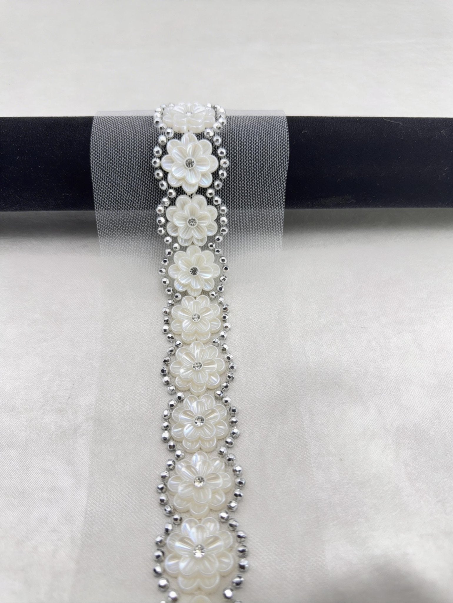 Ivory Floral Pearl Rhinestone Trim – Self Adhesive Wide Beaded Flower Lace, Bridal Trim, Luxury Sewing Trim - Faraj Beading