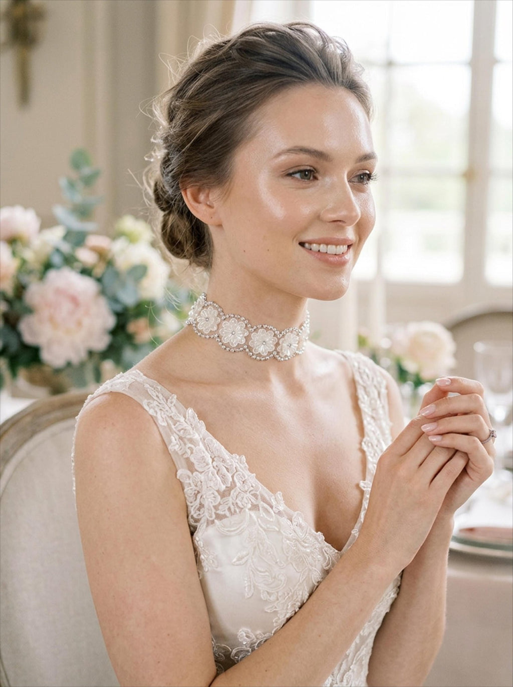 Ivory Floral Pearl Rhinestone Trim – Self Adhesive Wide Beaded Flower Lace, Bridal Trim, Luxury Sewing Trim - Faraj Beading