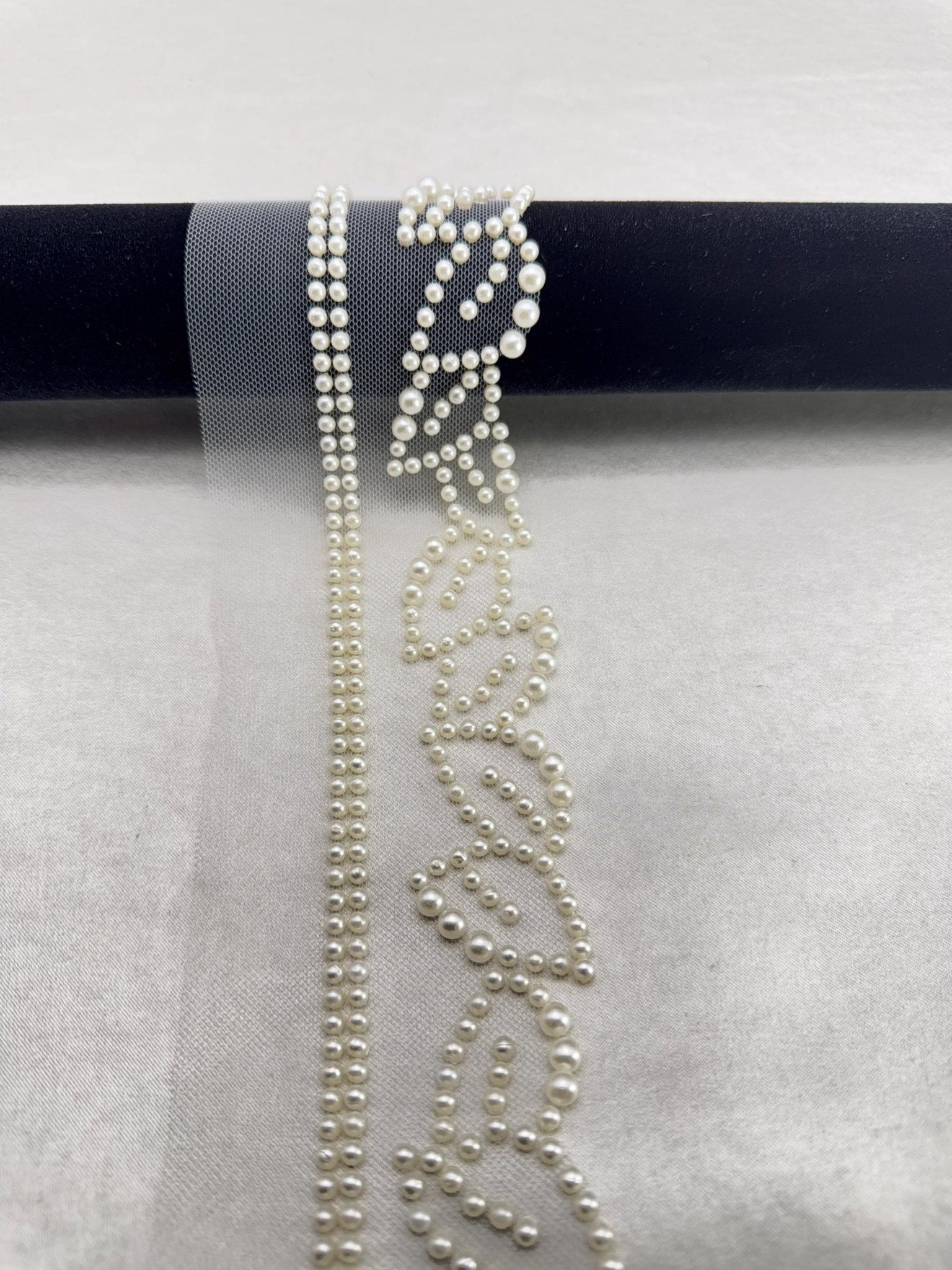 Ivory Pearl Beaded Trim – Self Adhesive or Sew - On Seam Allowance – Minimal Bridal Pearl Trim for Dress, Veil, Collar, Cuff, DIY - Faraj Beading