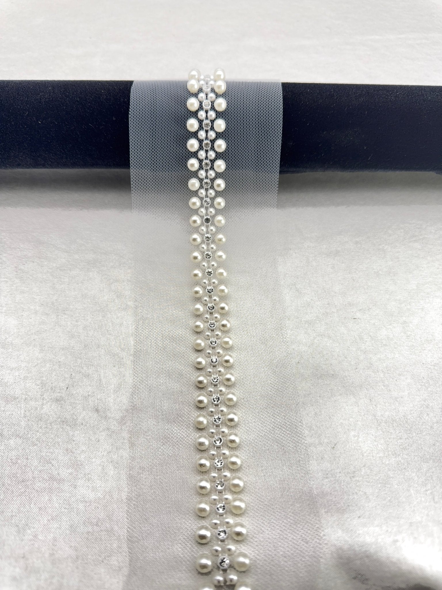 Ivory Pearl & Crystal Beaded Trim – Self Adhesive or Sew - On Seam Allowance – Bridal Pearl Rhinestone Trim for Dress, Collar, Cuff - Faraj Beading