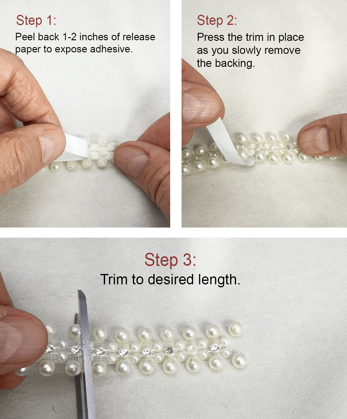 Ivory Pearl & Crystal Beaded Trim – Self Adhesive or Sew - On Seam Allowance – Bridal Pearl Rhinestone Trim for Dress, Collar, Cuff - Faraj Beading