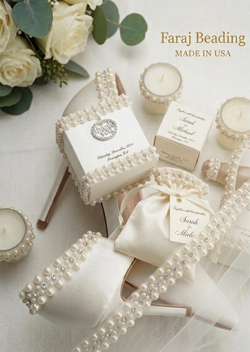 Ivory Pearl & Crystal Beaded Trim – Self Adhesive or Sew - On Seam Allowance – Bridal Pearl Rhinestone Trim for Dress, Collar, Cuff - Faraj Beading