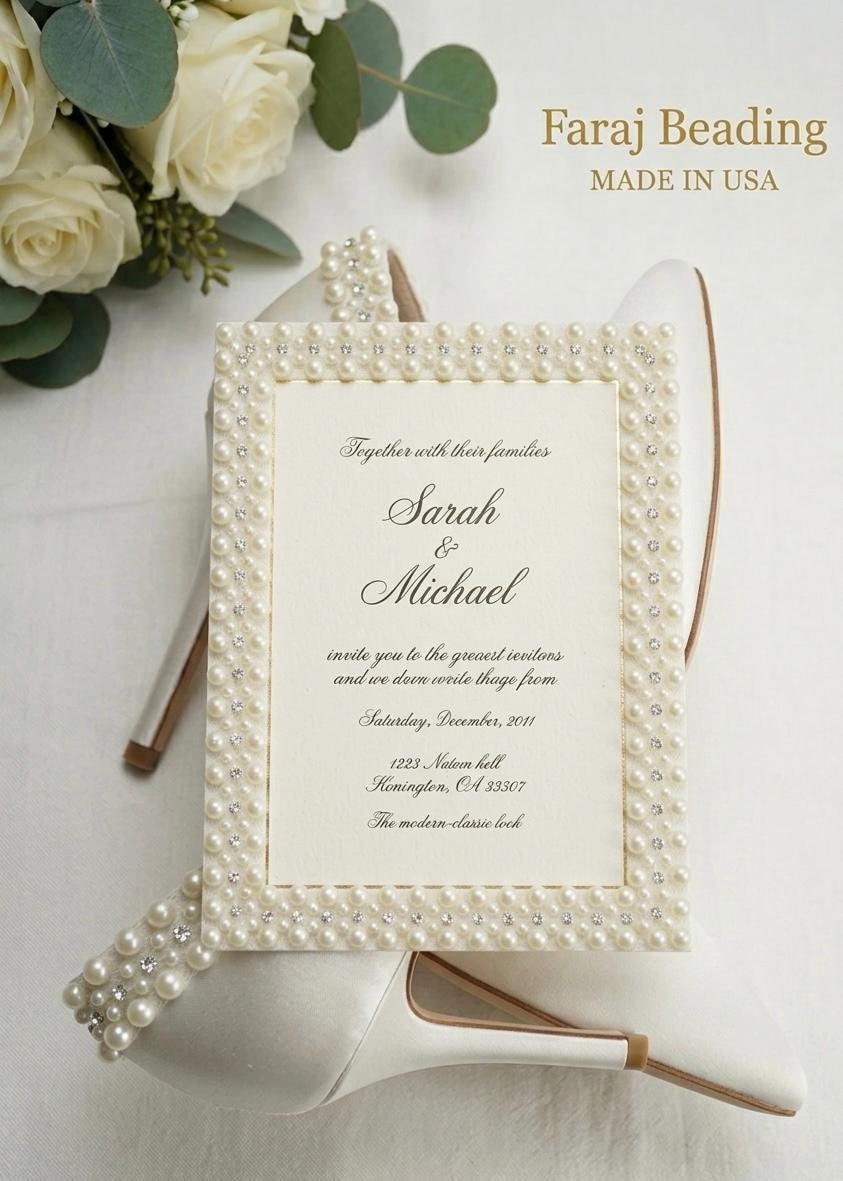 Ivory Pearl & Crystal Beaded Trim – Self Adhesive or Sew - On Seam Allowance – Bridal Pearl Rhinestone Trim for Dress, Collar, Cuff - Faraj Beading