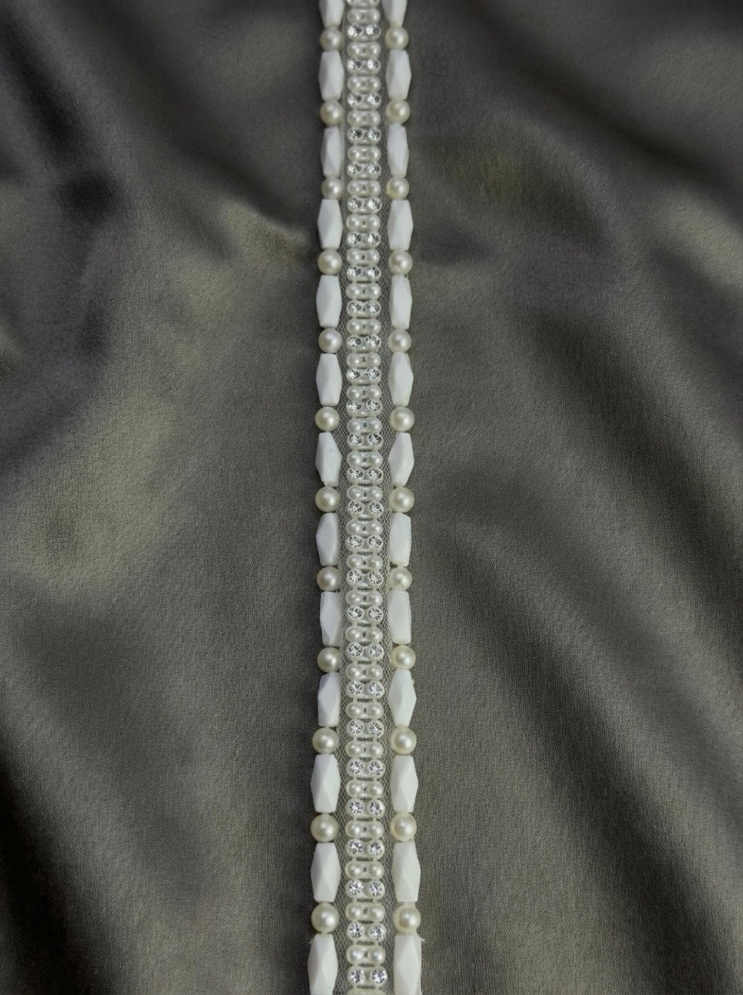 Ivory Pearl & Crystal Beaded Trim – Self Adhesive Rhinestone Applique Trim – DIY Bridal, Wedding Dress, Collar, Cuff Embellishment - Faraj Beading
