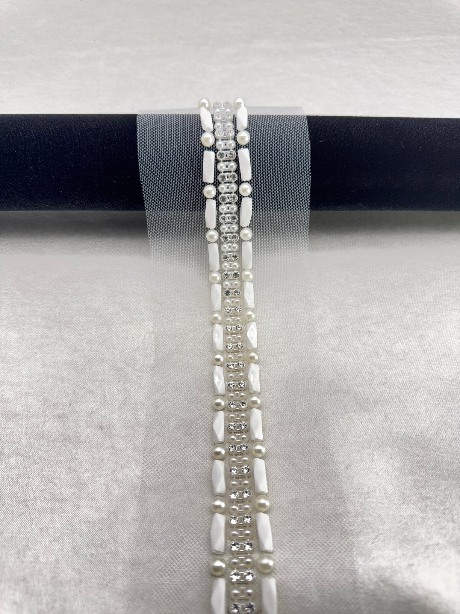 Ivory Pearl & Crystal Beaded Trim – Self Adhesive Rhinestone Applique Trim – DIY Bridal, Wedding Dress, Collar, Cuff Embellishment - Faraj Beading