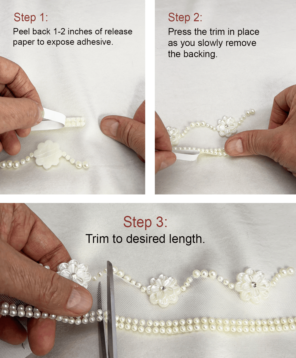 Ivory Pearl & Floral Beaded Trim – Self Adhesive or Sew - On Seam Allowance – Delicate Trim for Veil, Collar, Cuff, DIY - Faraj Beading