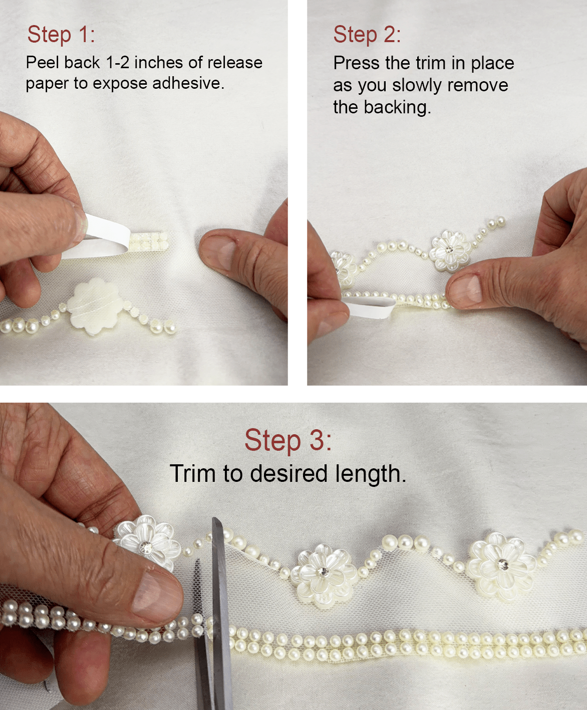 Ivory Pearl & Floral Beaded Trim – Self Adhesive or Sew - On Seam Allowance – Delicate Trim for Veil, Collar, Cuff, DIY - Faraj Beading
