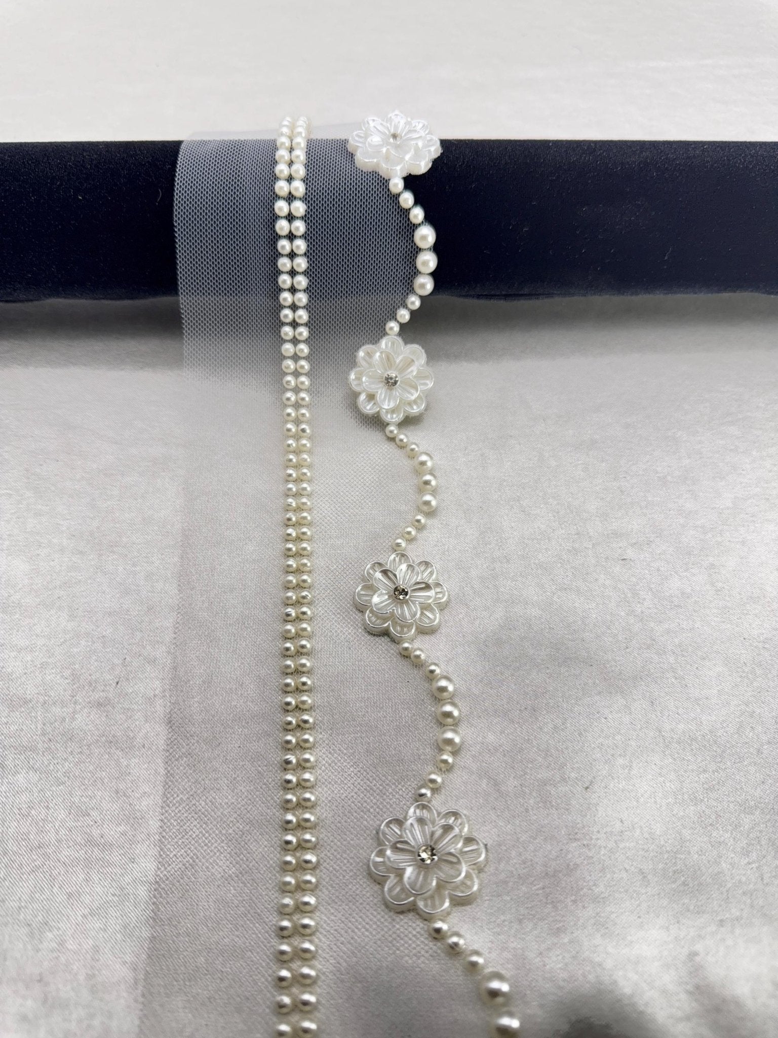 Ivory Pearl & Floral Beaded Trim – Self Adhesive or Sew - On Seam Allowance – Delicate Trim for Veil, Collar, Cuff, DIY - Faraj Beading