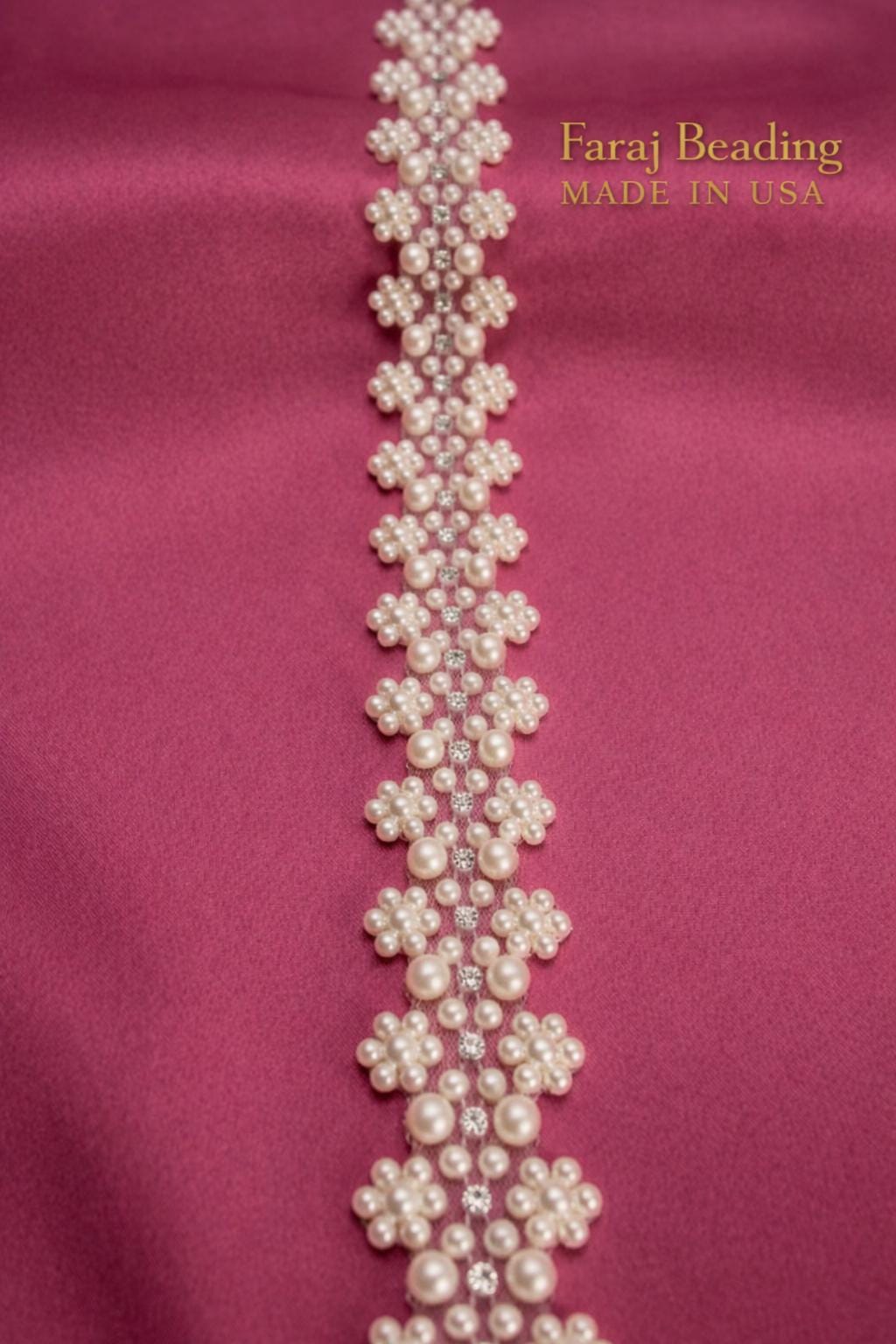 Ivory Pearl Floral Cluster Trim with Rhinestones – Self Adhesive or Sew - On Seam Allowance – Bridal Beaded Trim for Dress, Veil, Collar - Faraj Beading