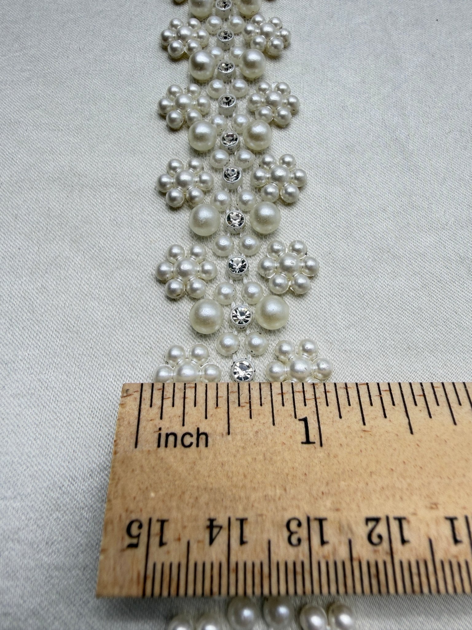 Ivory Pearl Floral Cluster Trim with Rhinestones – Self Adhesive or Sew - On Seam Allowance – Bridal Beaded Trim for Dress, Veil, Collar - Faraj Beading