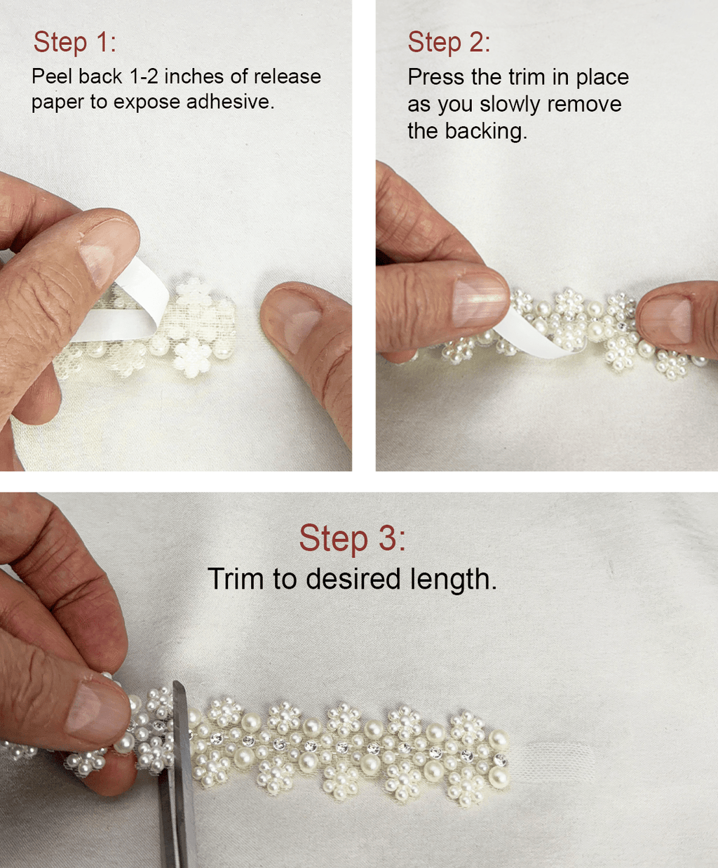 Ivory Pearl Floral Cluster Trim with Rhinestones – Self Adhesive or Sew - On Seam Allowance – Bridal Beaded Trim for Dress, Veil, Collar - Faraj Beading