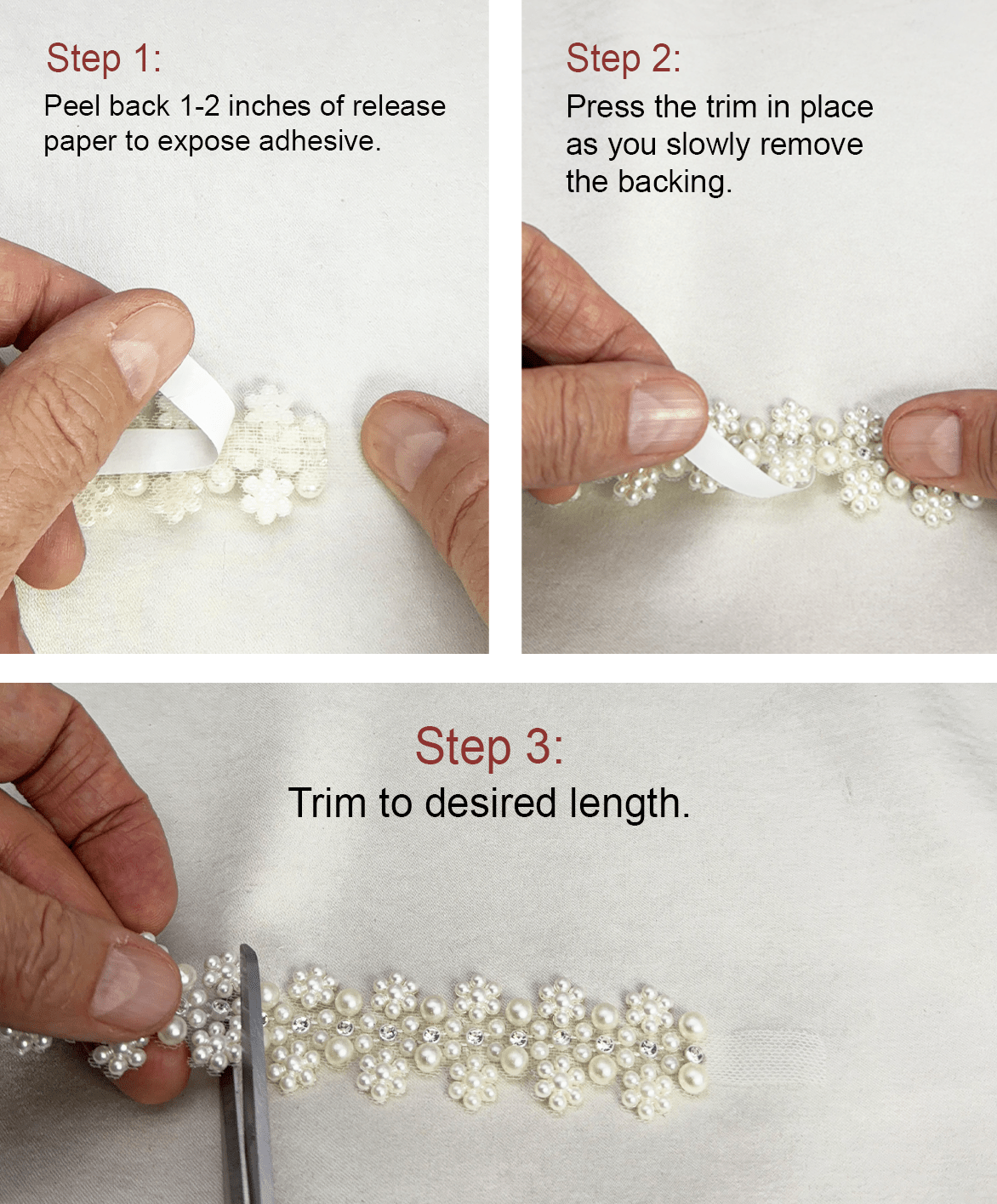 Ivory Pearl Floral Cluster Trim with Rhinestones – Self Adhesive or Sew - On Seam Allowance – Bridal Beaded Trim for Dress, Veil, Collar - Faraj Beading