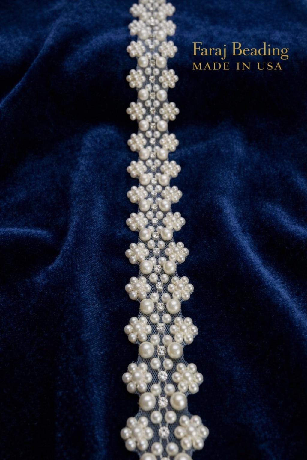Ivory Pearl Floral Cluster Trim with Rhinestones – Self Adhesive or Sew - On Seam Allowance – Bridal Beaded Trim for Dress, Veil, Collar - Faraj Beading