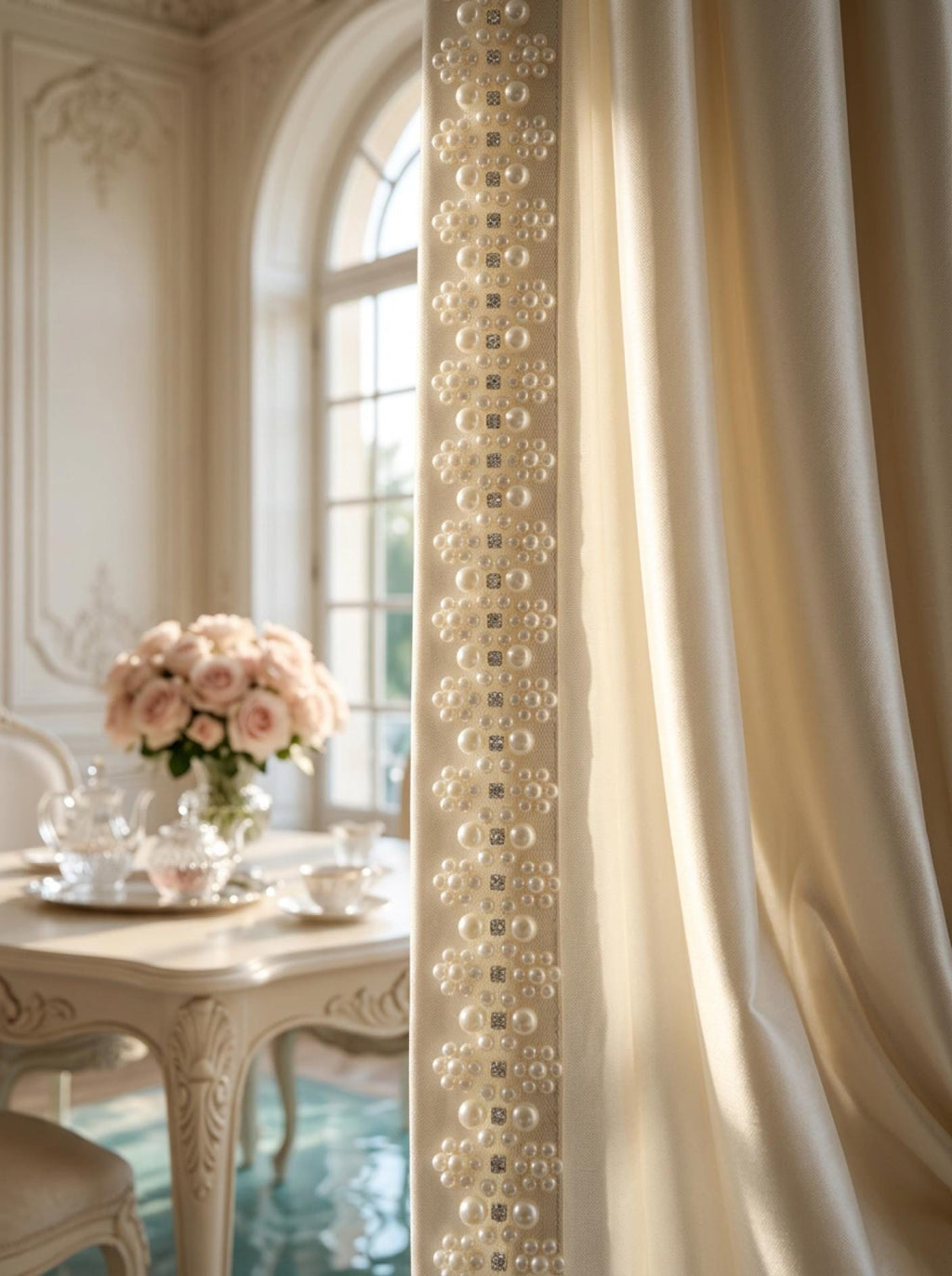 Ivory Pearl Floral Cluster Trim with Rhinestones – Self Adhesive or Sew - On Seam Allowance – Bridal Beaded Trim for Dress, Veil, Collar - Faraj Beading