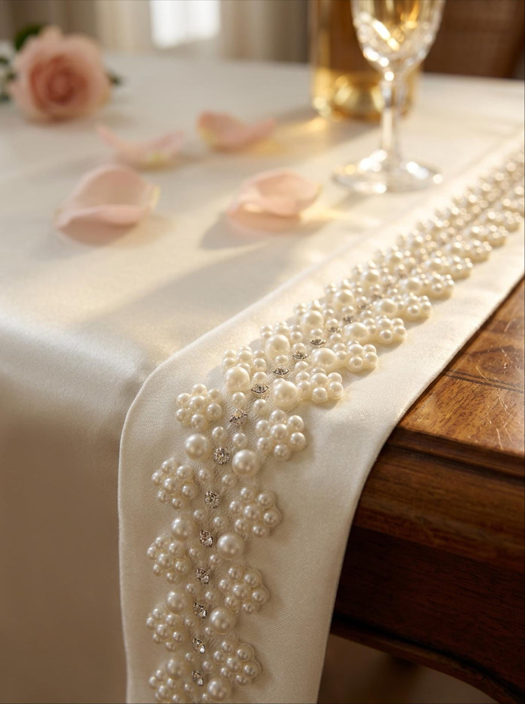 Ivory Pearl Floral Cluster Trim with Rhinestones – Self Adhesive or Sew - On Seam Allowance – Bridal Beaded Trim for Dress, Veil, Collar - Faraj Beading